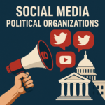 Illustration showing social media platforms like Facebook, Twitter, and YouTube as political organizations, with hidden human influence controlling algorithms.