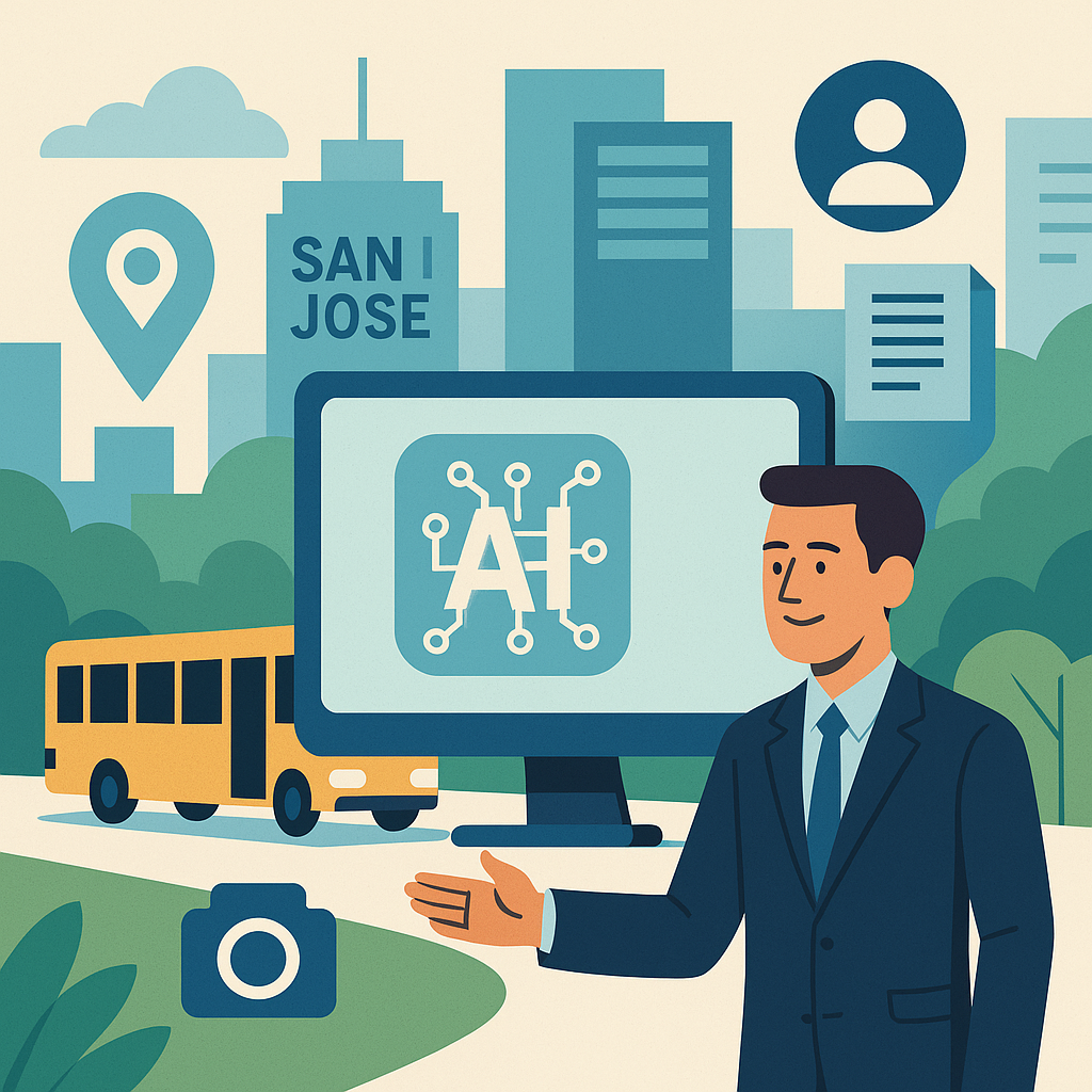 Illustration of San Jose’s mayor using AI to improve city services, showing a cityscape with “San Jose” buildings, a yellow bus, and a computer screen displaying AI technology icons, symbolizing faster transportation and smarter government.