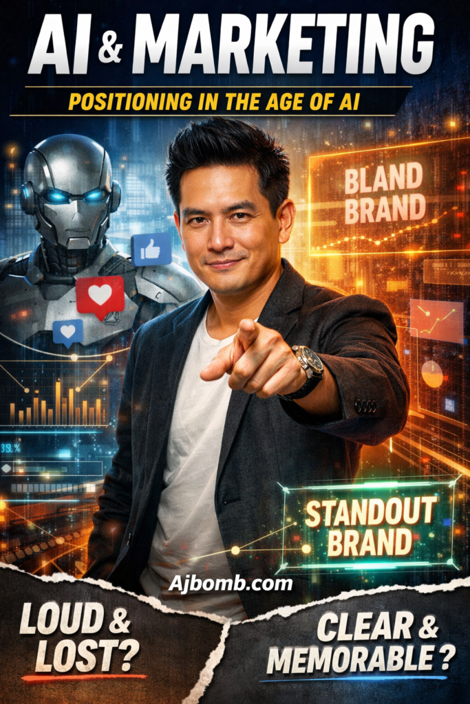 AI marketing concept illustration showing brand positioning in the age of AI and the difference between bland brands and standout brands.