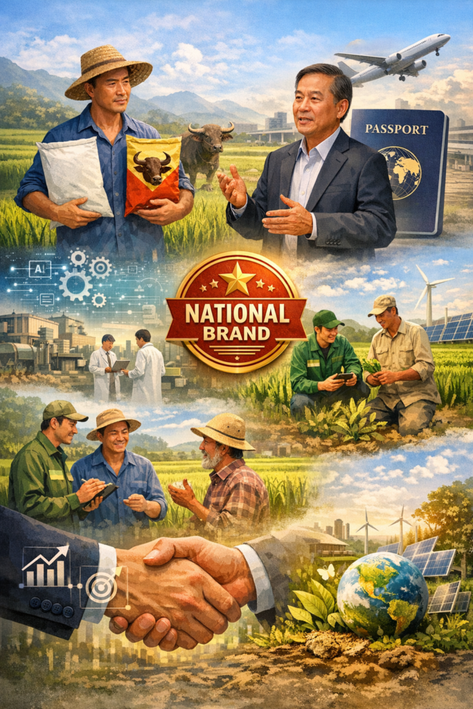 Vietnam agriculture brand transformation showing farmer, business leader, AI technology, and national brand concept representing trust, sustainability, and global market expansion