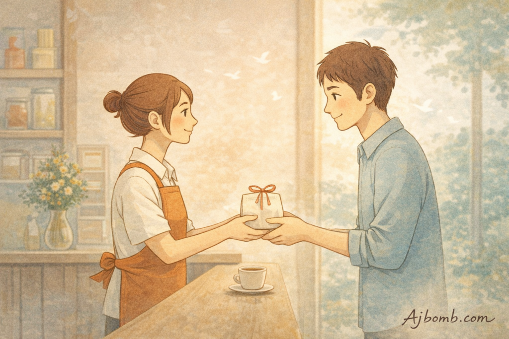 Japanese minimalist illustration of a warm emotional exchange between a shop staff and customer representing Amae marketing concept